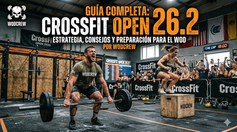 Imagen de portada para el blog WODCREW sobre la guía completa del CrossFit Open 26.2. La imagen muestra una escena dinámica y llena de acción en un gimnasio de CrossFit lleno de gente. En el centro, un atleta masculino musculoso con una camiseta verde de WODCREW está gritando mientras realiza un levantamiento de peso muerto (deadlift). A su derecha, una atleta femenina está en el aire, realizando un salto a un cajón pliométrico de madera que tiene el logo de WODCREW. Al fondo, hay una multitud animando y varias banderas colgando, incluyendo la de España. El título principal en la parte superior derecha dice en grandes letras blancas y naranjas: "GUÍA COMPLETA: CROSSFIT OPEN 26.2". Debajo, un subtítulo en blanco y naranja dice: "ESTRATEGIA, CONSEJOS Y PREPARACIÓN PARA EL WOD POR WODCREW". En la esquina superior izquierda se ve el logo de WODCREW (un cráneo con barras de levantamiento de pesas). Un panel digital al fondo muestra "CROSSFIT OPEN 26.2". La iluminación es atmosférica y realza la textura del gimnasio y el sudor de los atletas.