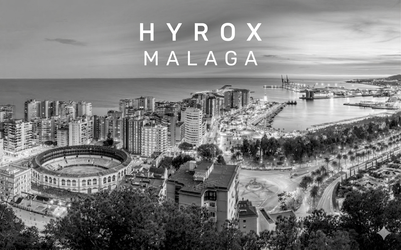 Vista aérea en blanco y negro de la ciudad de Málaga con la plaza de toros y el puerto, y el texto "HYROX MALAGA" superpuesto.